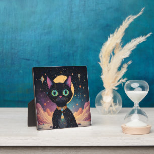 Atomic Futuristic Cosmic Black Cat in Moonlight Plaque