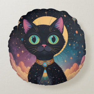 Atomic Futuristic Cosmic Black Cat in Moonlight Round Pillow