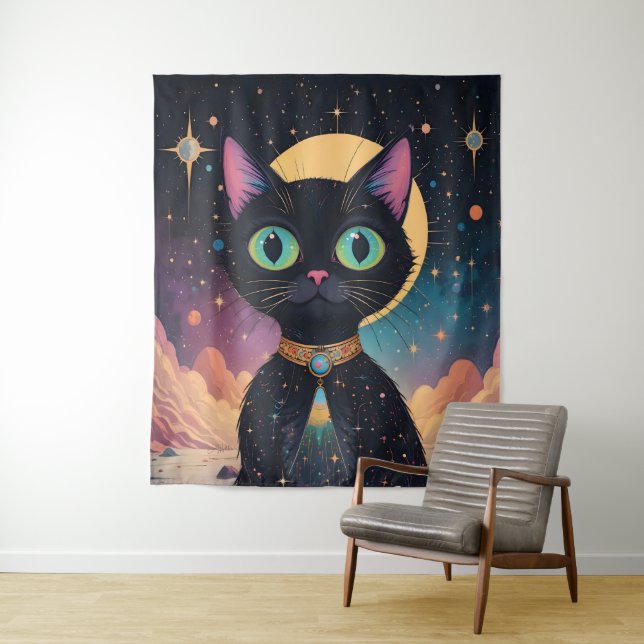Atomic Futuristic Cosmic Black Cat in Moonlight Tapestry (In Situ)