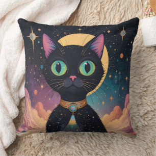 Atomic Futuristic Cosmic Black Cat in Moonlight Throw Pillow