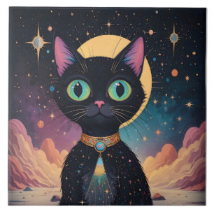 Atomic Futuristic Cosmic Black Cat in Moonlight Tile