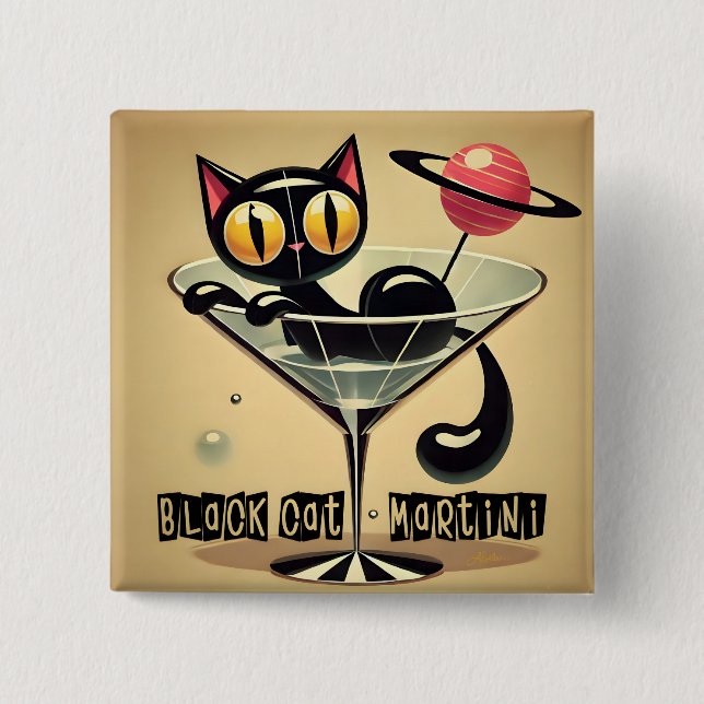 Atomic Futuristic Space Age Black Cat Martini 2 Inch Square Button (Front)