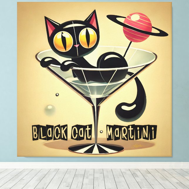 Atomic Futuristic Space Age Black Cat Martini Canvas Print (Insitu(Wood Floor))