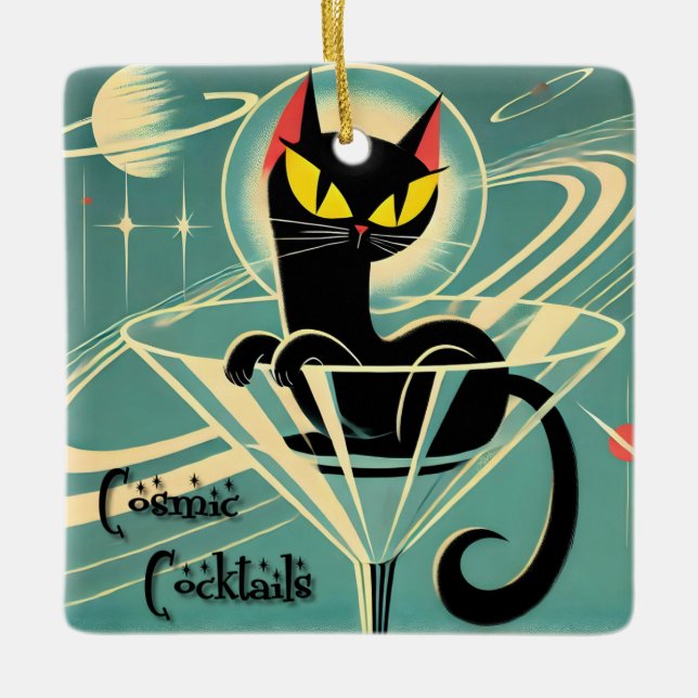 Atomic Futuristic Space Age Black Cat Martini Ceramic Ornament (Front)