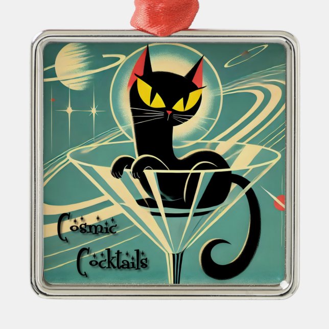 Atomic Futuristic Space Age Black Cat Martini Metal Ornament (Front)