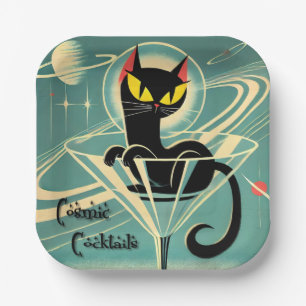 Atomic Futuristic Space Age Black Cat Martini Paper Plate