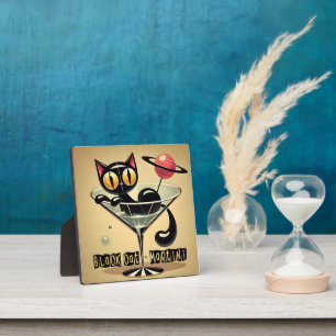Atomic Futuristic Space Age Black Cat Martini Plaque