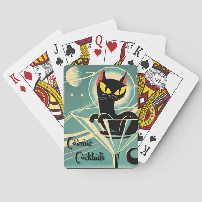 Atomic Futuristic Space Age Black Cat Martini Playing Cards (Back)