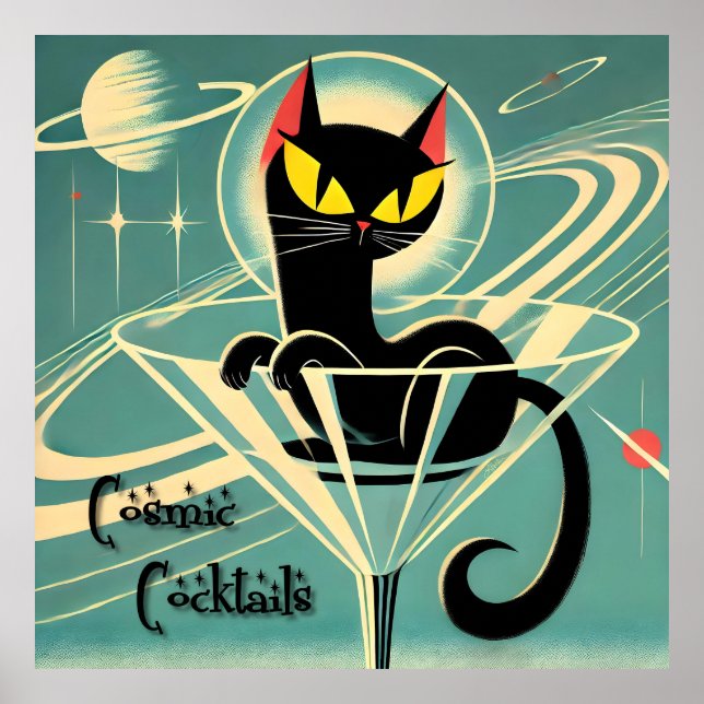 Atomic Futuristic Space Age Black Cat Martini Poster (Front)