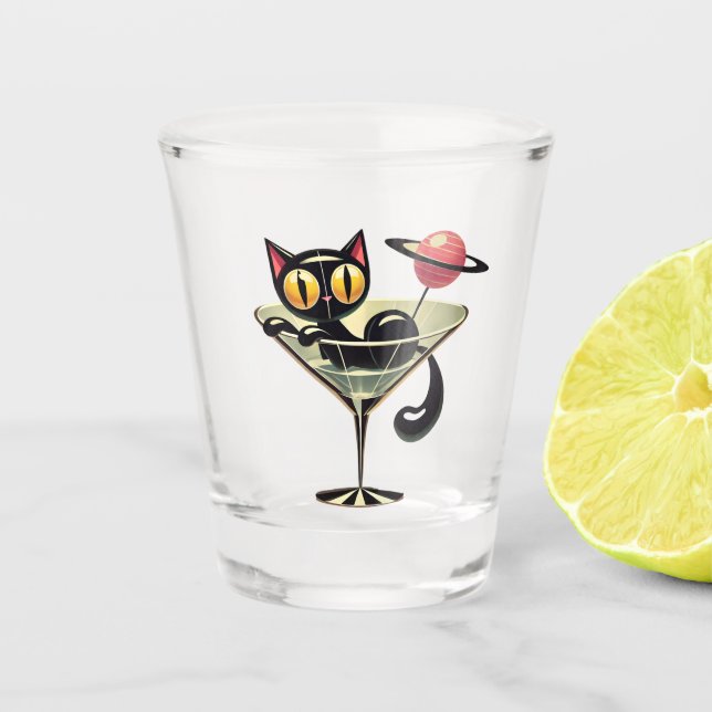 Atomic Futuristic Space Age Black Cat Martini  Shot Glass (Front)