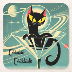 Atomic Futuristic Space Age Black Cat Martini Square Paper Coaster