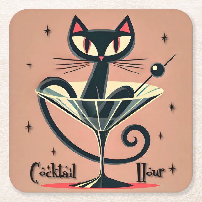 Atomic Futuristic Space Age Black Cat Martini Square Paper Coaster (Front)