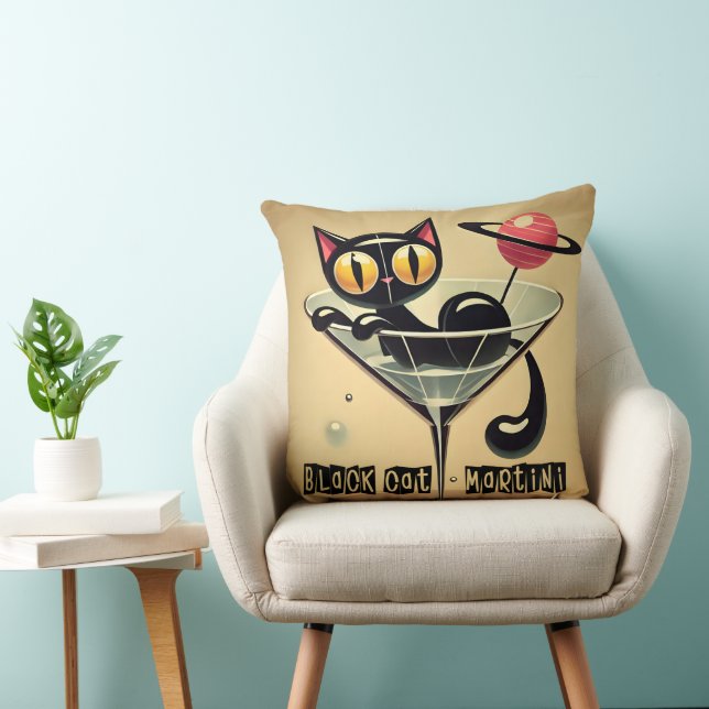 Atomic Futuristic Space Age Black Cat Martini Throw Pillow (Chair)