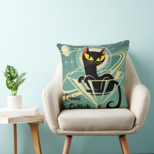 Atomic Futuristic Space Age Black Cat Martini Throw Pillow