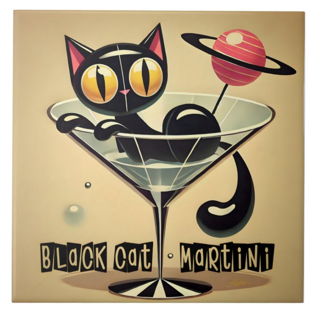 Atomic Futuristic Space Age Black Cat Martini Tile (Front)