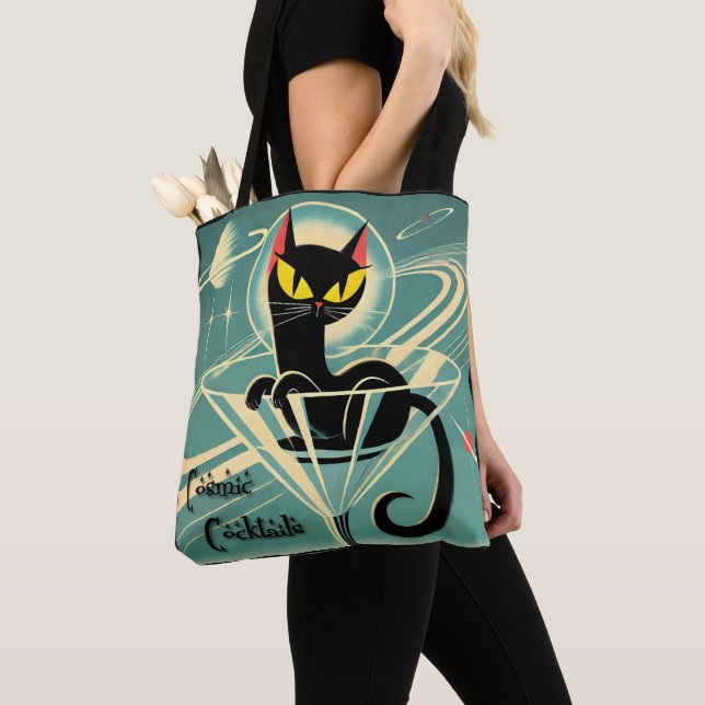 Atomic Futuristic Space Age Black Cat Martini Tote Bag (Close Up)