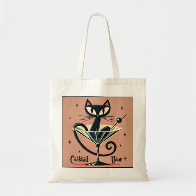 Atomic Futuristic Space Age Black Cat Martini Tote Bag (Front)