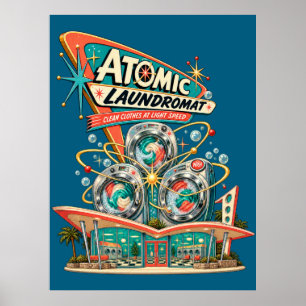 Atomic Laundromat Retro Wall Art Poster - Clean Cl