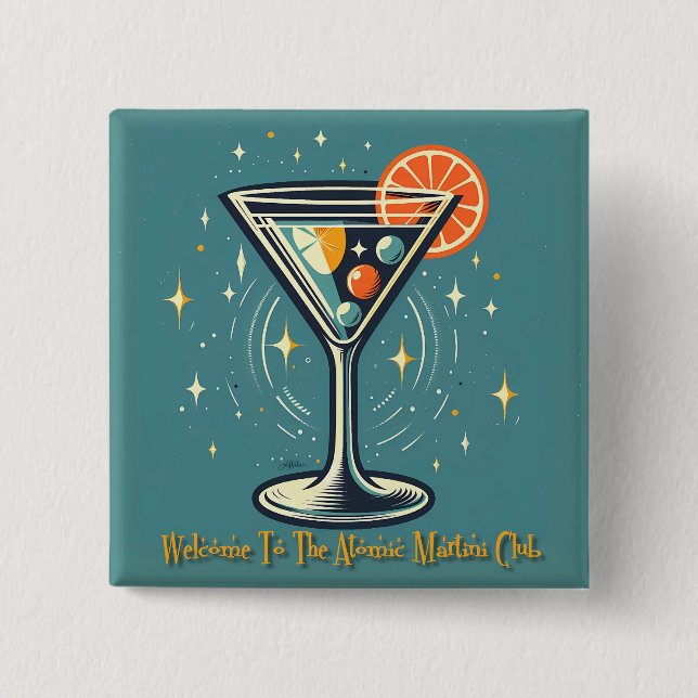 Atomic Martini Club Retro Futuristic Cocktail 2 Inch Square Button (Front)
