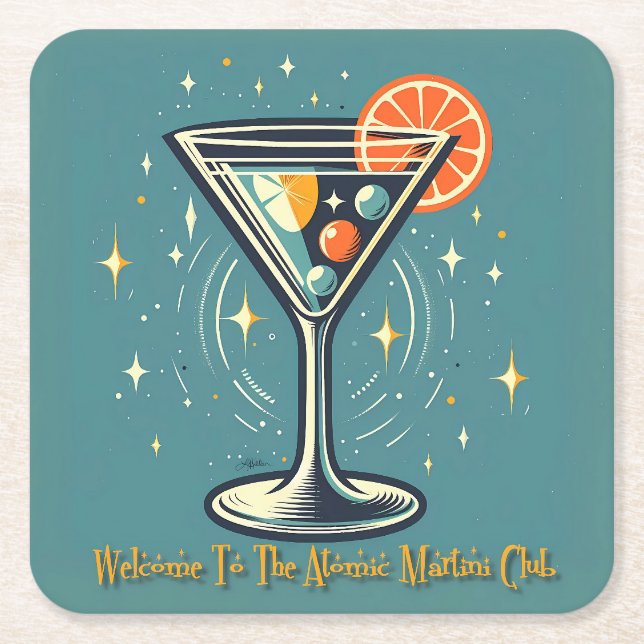 Atomic Martini Club Retro Futuristic Cocktail Square Paper Coaster (Front)