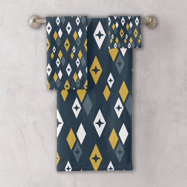 Atomic MCM Diamonds Pattern Navy, Mustard Yellow Bath Towel Set (Creator Uploaded)