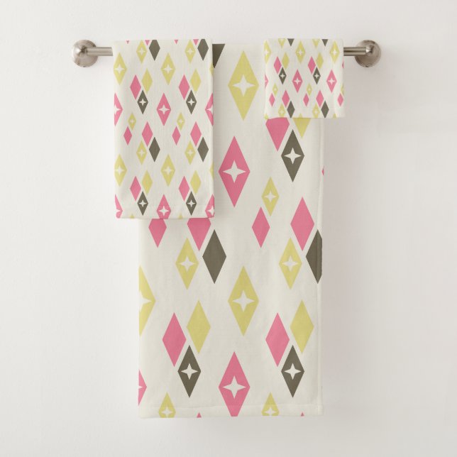 Atomic MCM Diamonds Pattern Pink, Yellow, Green Bath Towel Set (Insitu)