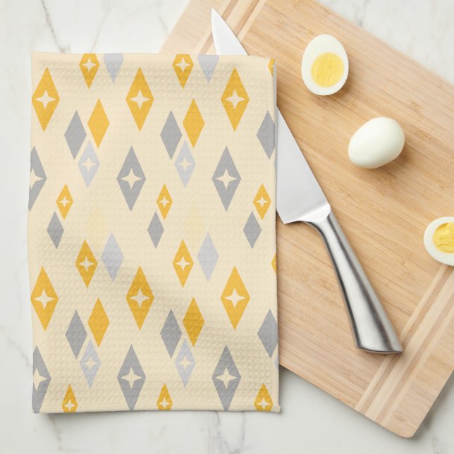 Atomic MCM Diamonds Pattern Yellow, Grey Kitchen Towel (Quarter Fold)