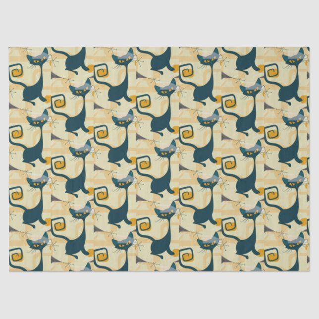 Atomic Mid Century Black Cat Starburst Decoupage Tissue Paper (Front)