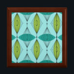 Atomic Ogee and Starbursts Wooden Gift Box<br><div class="desc">Oh, gee! It’s an Atomic Ogee and Starbursts Wooden Gift Box! It’s a modern take on a classic pattern (a mid century modern take, to be exact). This design features an aqua background with teal and green oval shapes overlaying black, vertical lines of atomic diamonds and starbursts. This mod product...</div>