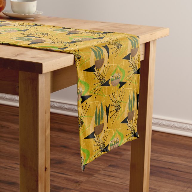 Atomic Patterns on Gold | Houseplants Mid-Century Short Table Runner (In Situ)
