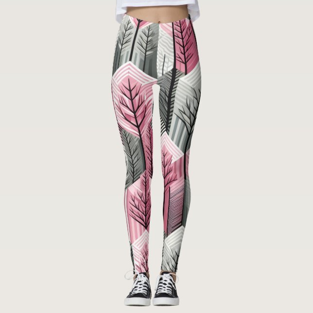 Atomic Pink Grey Geometric Tree Grid Leggings (Front)