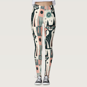 Atomic Pink Teal Mid‑Century Cat Pattern Leggings