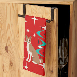 Atomic Retro Basenji Dog Red Starburst Mid Century Kitchen Towel