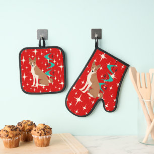 Atomic Retro Basenji Dog Red Starburst Mid Century Oven Mitt & Pot Holder Set