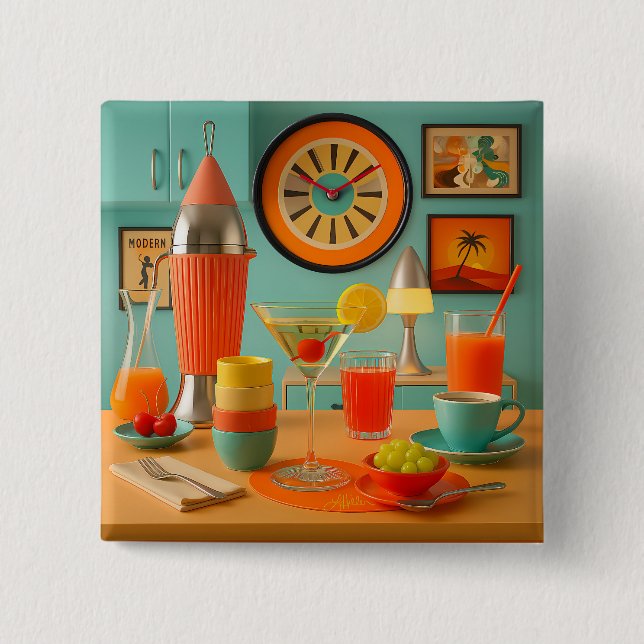 Atomic Retro Futuristic Martini Breakfast Bar 2 Inch Square Button (Front)