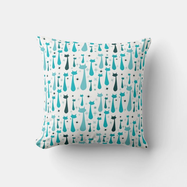 Atomic Retro Kitty Silhouette in Teal Throw Pillow (Front)