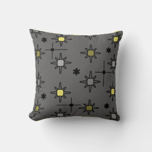 Atomic Sky Starbursts Dark Grey Yellow Throw Pillow