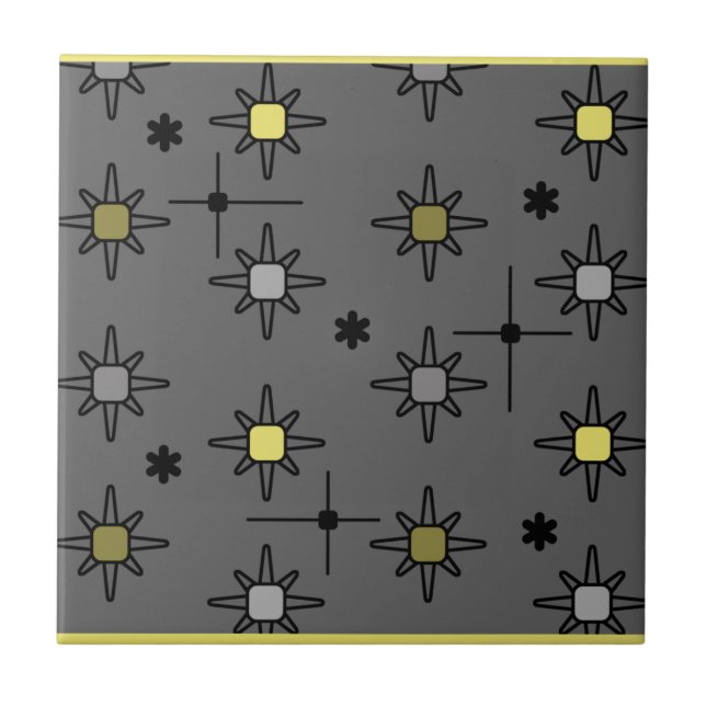 Atomic Sky Starbursts Dark Grey Yellow Tile (Front)