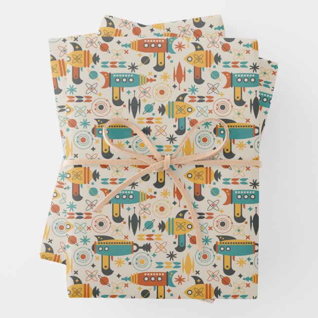 Atomic Space Gun Mid Century Wrapping Paper (In situ)