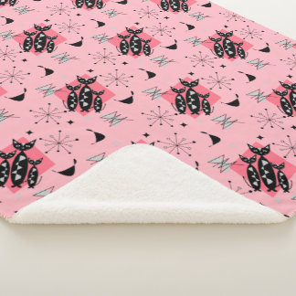Atomic Star Burst Modern Mid Century Cats Sherpa Blanket