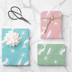 Atomic Star Cat MidCentury Modern Christmas Pastel Wrapping Paper Sheet
