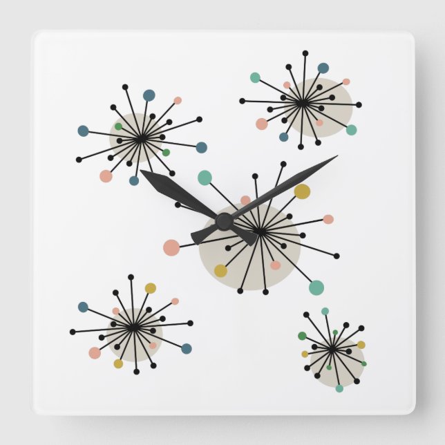 Atomic Starburst Mid Century Modern Colourful Square Wall Clock (Front)