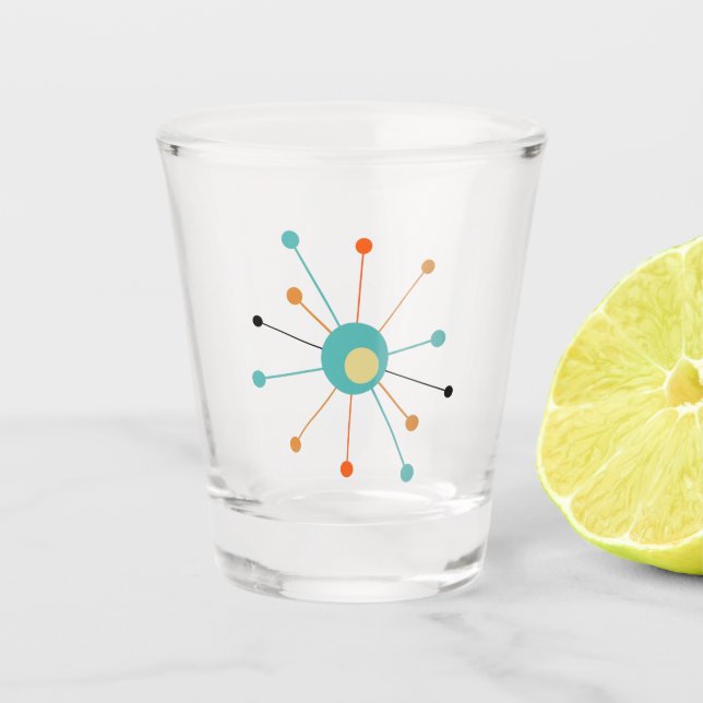 Atomic Starburst Orange Turquoise Mid-century Shot Glass (Front)