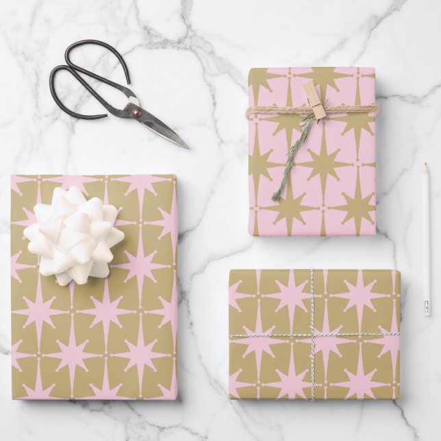Atomic Starburst Pattern in Pastel Pink and Buff Wrapping Paper Sheet (Front)