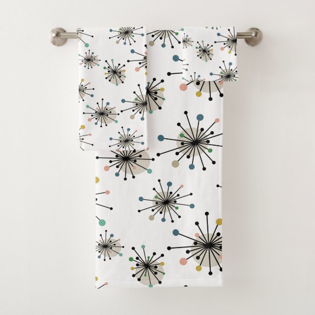 Atomic Starburst Pattern Retro Mid Century Bath Towel Set (Insitu)