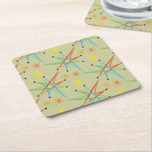 Atomic Starburst Retro Multicolored Pattern Square Paper Coaster