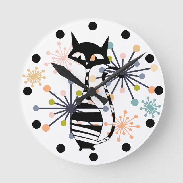 Atomic Starburst with Mid Century Stylized Cat Round Clock (Front)
