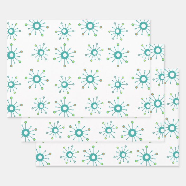 Atomic Starbursts Colourful Turquoise Wrapping Paper Sheet (Set)