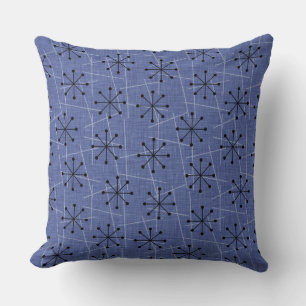 Atomic Starbursts on Blue   Mid-Century Modern Throw Pillow