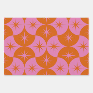  Atomic Starbursts on Pink Orange Scallop Shapes Wrapping Paper Sheet
